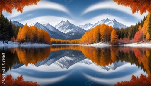 A panoramic landscape featuring mountains with snowy peaks, autumn-colored trees, and a symmetrical reflection in a calm lake, all framed within a circular surreal swirl in the center