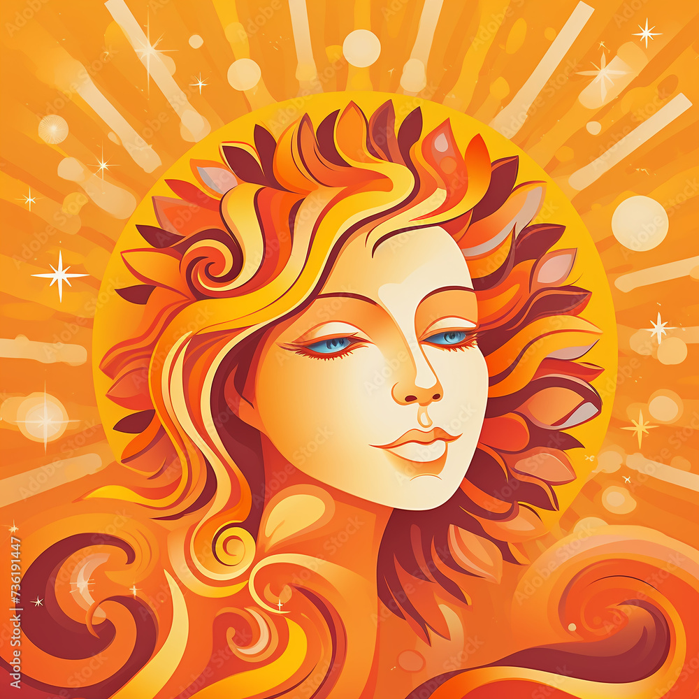 Illustration, woman with sunburst hair Illustration, woman with sunburst hair