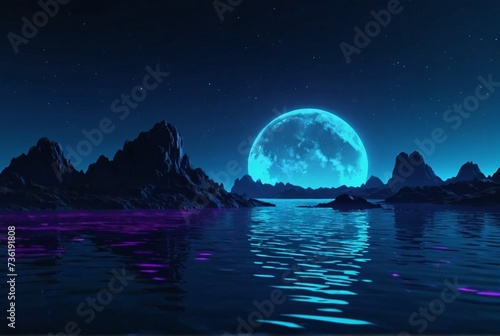 Futuristic night landscape with abstract landscape and island, moonlight, shine. Dark natural scene with reflection of light in the water, neon blue light. Dark neon background. 3D illustration photo