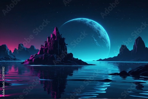 Futuristic night landscape with abstract landscape and island, moonlight, shine. Dark natural scene with reflection of light in the water, neon blue light. Dark neon background. 3D illustration