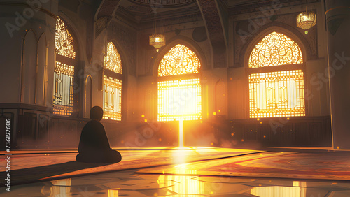 Rear View Illustration of a Muslim praying inside the mosque. Islamic Background