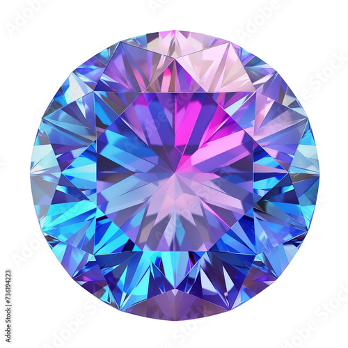 Top view of  bright blue and violet tanzanite  in cut of circle shape isolated on white background.