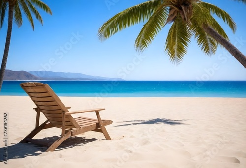 A wooden beach chair on sandy shore with palm tree leaves in the foreground and clear blue sky  calm sea  and distant hills in the background