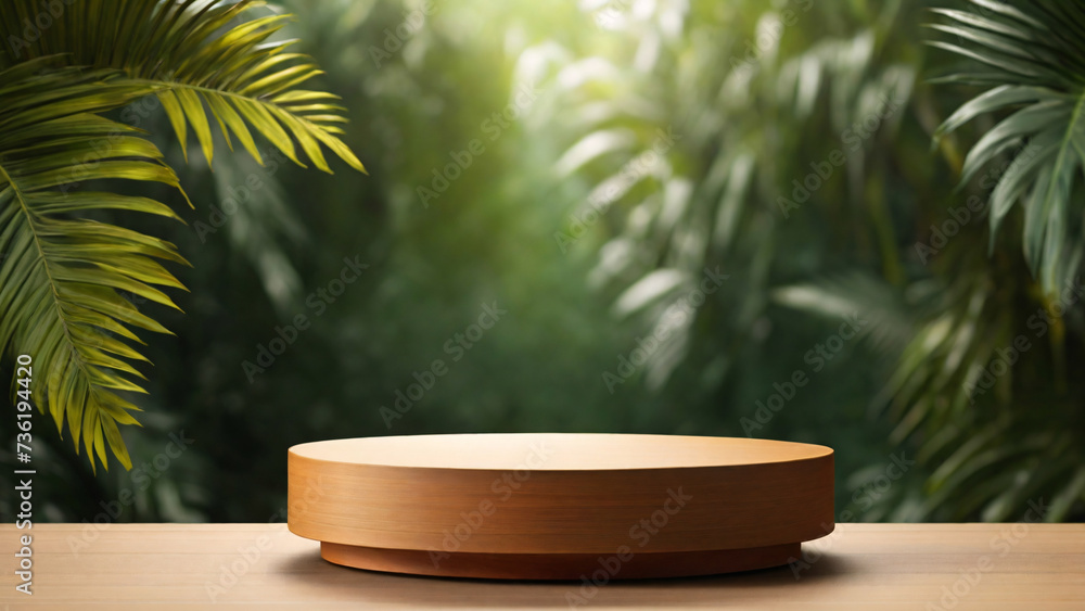 Wooden product podium on wooden table in tropical garden. 3d render
