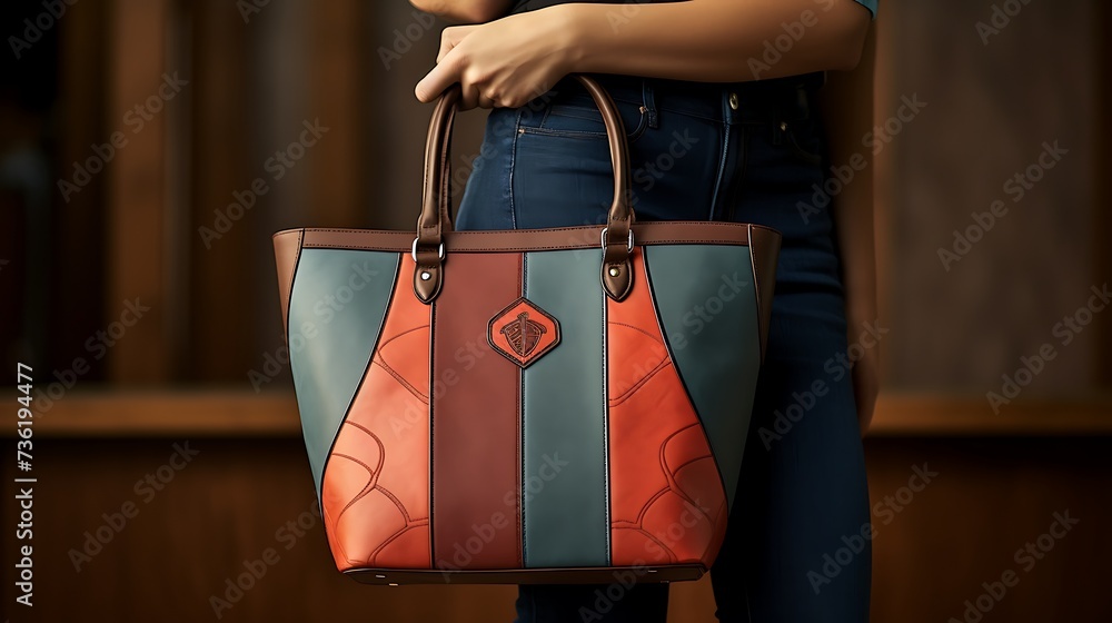 A retro-inspired patchwork tote bag for women, vintage craftsmanship, and a patchwork design, mockup, showcased against a matte clay surface - obrazy, fototapety, plakaty 