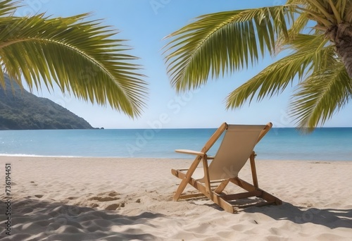 A wooden beach chair on sandy shore with palm tree leaves in the foreground and clear blue sky, calm sea, and distant hills in the background © JazzRock