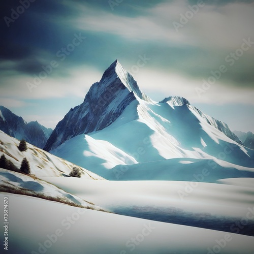 Snow Forest Mountain Tree Landscape Winter background. A serene winter landscape with a snow covered forest and mountain range, gleaming peaks, snow laden slopes