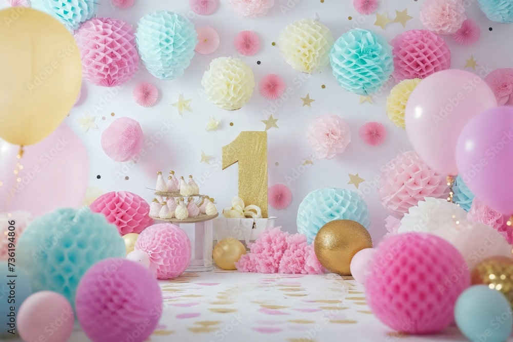 Pastel Birthday Party Decoration with Golden Number One Pastel Birthday Party Decoration with Golden Number One