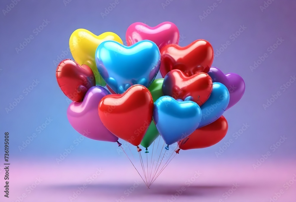 A cluster of shiny heart-shaped balloons in various colors against a gradient background