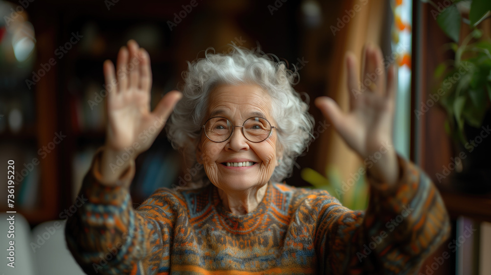 Happy elderly woman raises her hand Happy elderly woman raises her hand