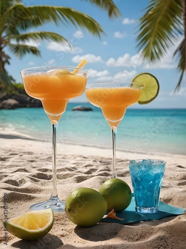 Close up AI generated photo of cocktails with a tropical sandy beach behind photo