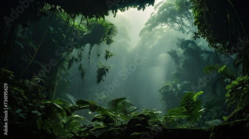 Dense jungle canopy with misty atmosphere