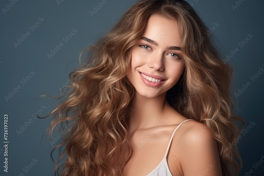 Portrait of a young woman with perfect skin, and perfect hair in a beauty salon or spa