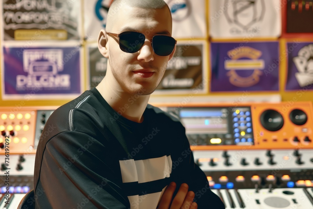 Fototapeta premium Music producer sit in a music studio. Wearing dark sunglasses
