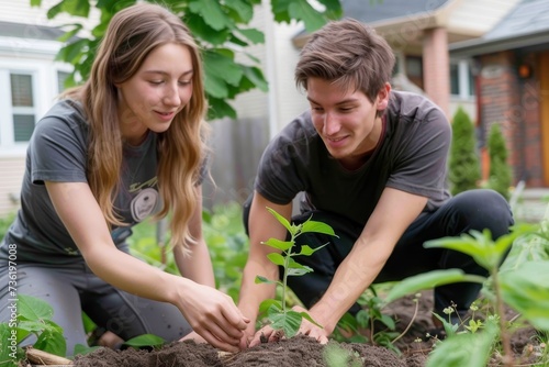 Young couple plants a sapling in the backyard of their first home, a symbol of growth, commitment, and the foundational steps towards long-term financial stability.