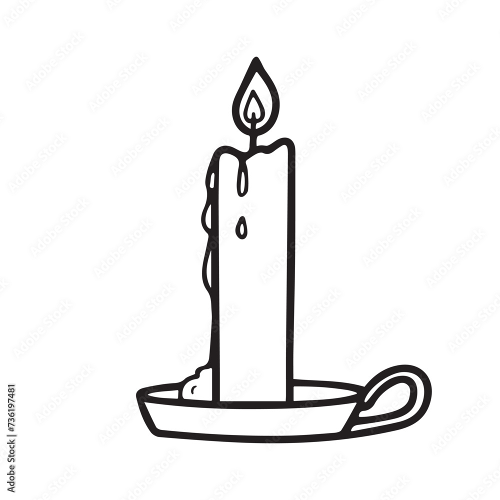Obraz premium Image of a burning candle on a stand. Vector illustration with doodle drawing style isolated on white background.