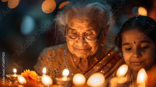 An elderly woman and her granddaughter near candles.