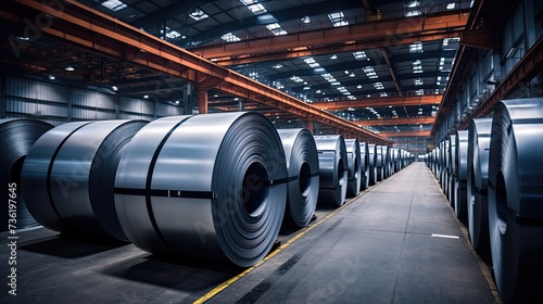 Packed rolls of steel sheets, cold rolled steel coils in factory warehouse photo