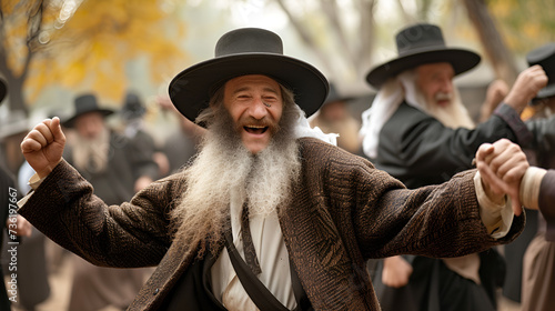 Crowd Marching And Dancing, A joyful Jewish choir singing traditional Hanukkah songs during a community event, Emotional young Jewish man in hat, Generative Ai