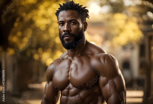 A middle age black African bodybuilder man with his masculine body in outdoor. confident focused male athlete with chest, abs and biceps muscle.