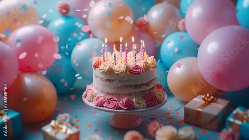 Festive cake with candles on a background of multi-colored balloons.