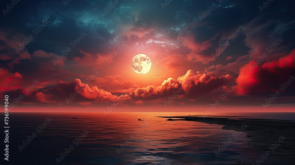 dramatic natural sky,round moon on the sea,red clouds. Shadows in moon resemble a rabbit or hare as is legend in Chinese folklore. Total solar eclipse is approaching - obrazy, fototapety, plakaty 
