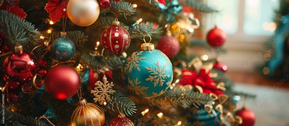 Festive Christmas tree with vibrant ornaments and decorations in glowing holiday setting Festive Christmas tree with vibrant ornaments and decorations in glowing holiday setting