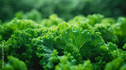 Sun-kissed dewy kale leaves, focusing on the vibrant green textures of the fresh leafy greens.
 photo