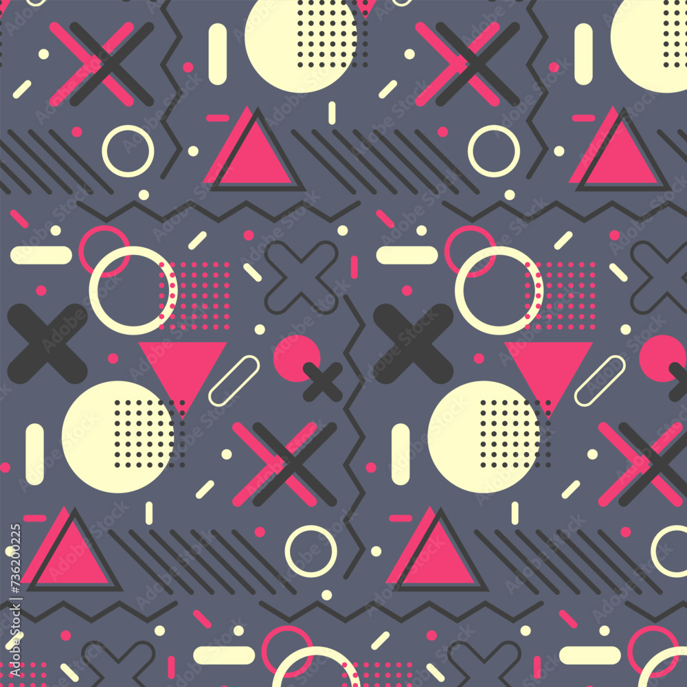 Memphis style, seamless pattern, retro style, textures, patterns, geometric elements, modern abstract design, poster, cover, for website, wallpaper, flyer, brochure, cover, cards, backgrounds, creativ