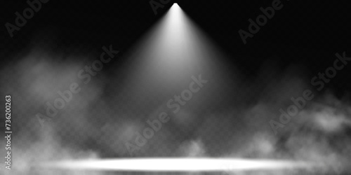 Dark stage on transparent background, neon light from spotlight, empty dark stage and studio room with soaring smoke. For product demonstrations.	