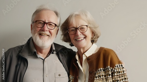 Affectionate elderly couple smiling gently in a casual portrait. timeless love and joy captured. perfect for family themes. AI