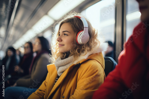 Young beautiful woman with headphones listening to relaxed music in a crowd of people traveling by train or subway