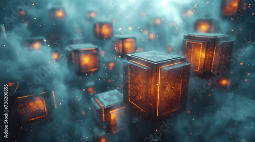 Floating cubes and blocks with digital background technology concept.