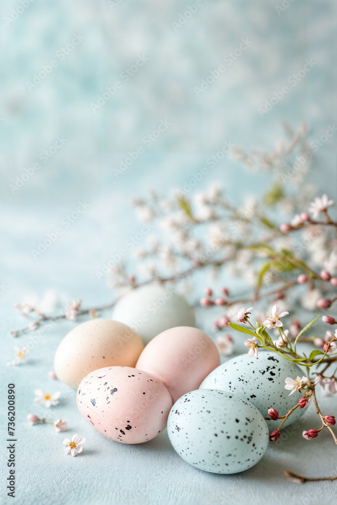 Eastern delight pastel painted eggs with flowers on light blue table background Eastern delight pastel painted eggs with flowers on light blue table background
