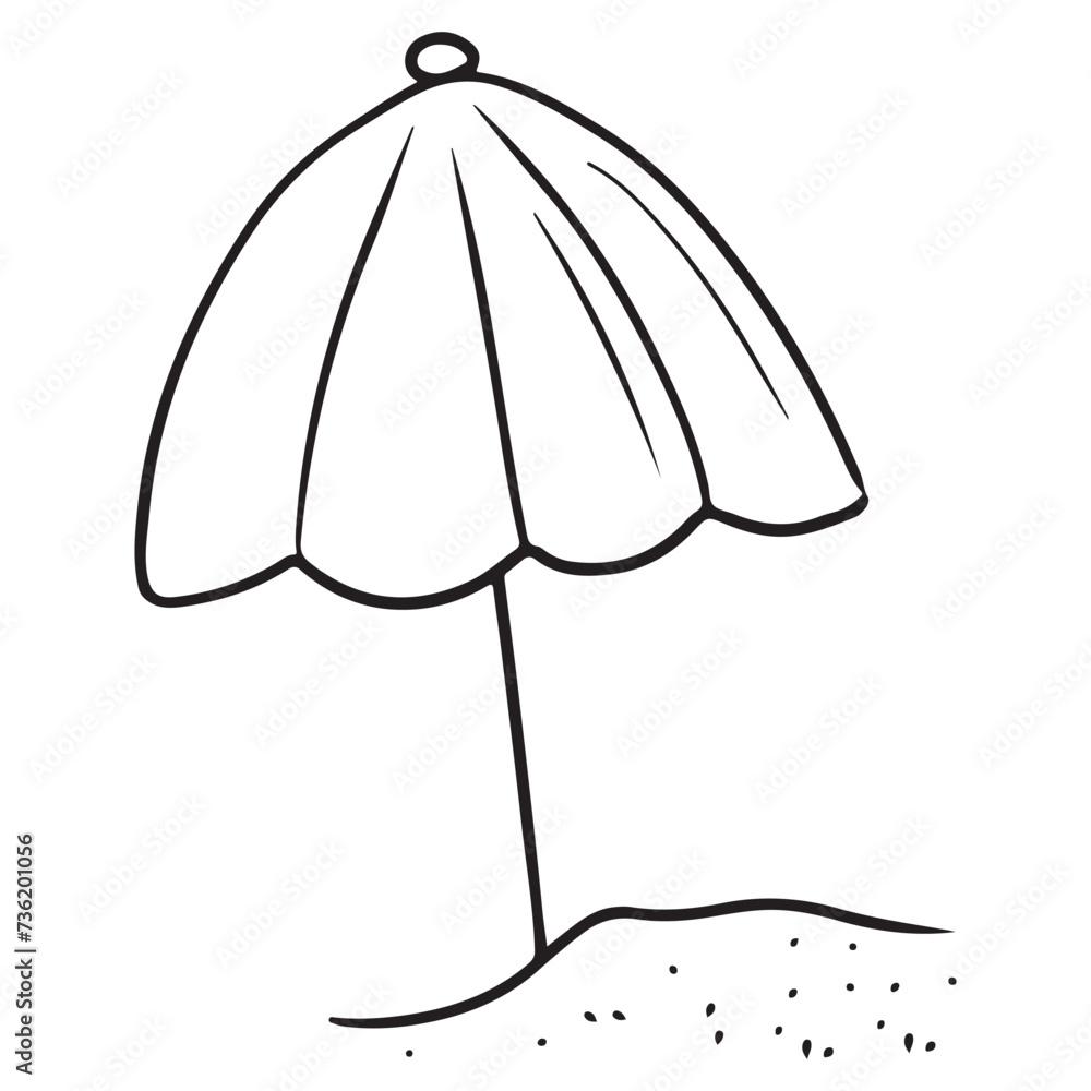 Summer beach umbrella standing in the sand in black isolated on white background. Hand drawn vector sketch doodle illustration in vintage engraved style. Sunbathe, tan, summer sea vacation, travel. Summer beach umbrella standing in the sand in black isolated on white background. Hand drawn vector sketch doodle illustration in vintage engraved style. Sunbathe, tan, summer sea vacation, travel.