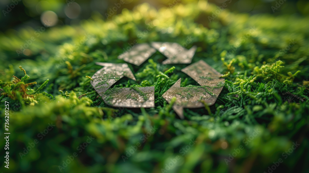 Concept of saving water and saving the world, recycling symbols It's a paper cut. on the green grass Concept of saving water and saving the world, recycling symbols It's a paper cut. on the green grass