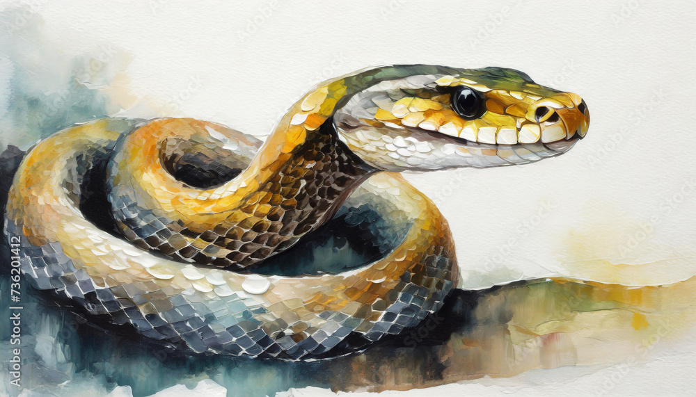 Oil painting of a snake on pure white background canvas, copyspace on a side Oil painting of a snake on pure white background canvas, copyspace on a side
