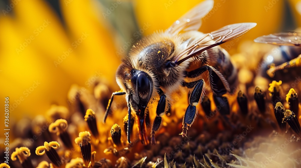Detailed Macro Shot of Bee Gathering Nectar from Bright Yellow Sunflower, Highlighting Nature’s Intricate Beauty Detailed Macro Shot of Bee Gathering Nectar from Bright Yellow Sunflower, Highlighting Nature’s Intricate Beauty