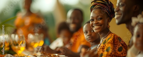 A loving African family embracing culture over a formal dinner filled with pride. Concept Cultural Pride, African Family, Formal Dinner, Embracing Tradition photo