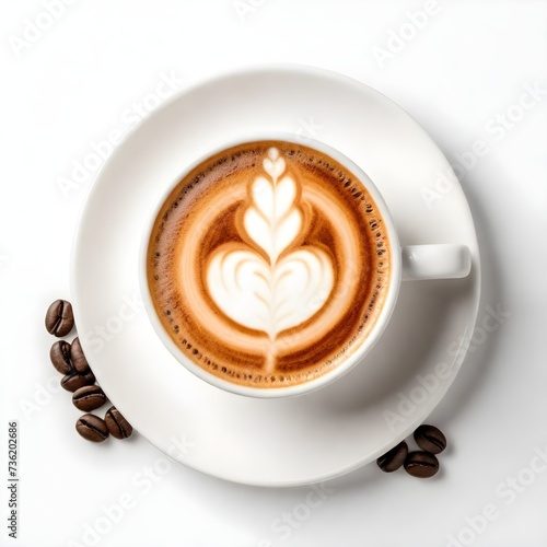 A cup of coffee, cappuccino with latte art on top, on a saucer with three coffee beans beside it, white background