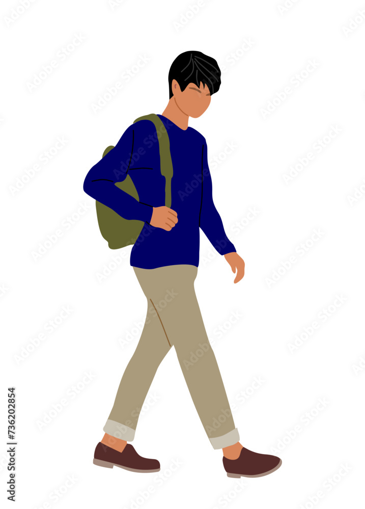 Businessman walking side view. Handsome young man in smart casual outfit. Stylish guy in modern street fashion look. Cartoon male character. Vector realistic illustration on transparent background.