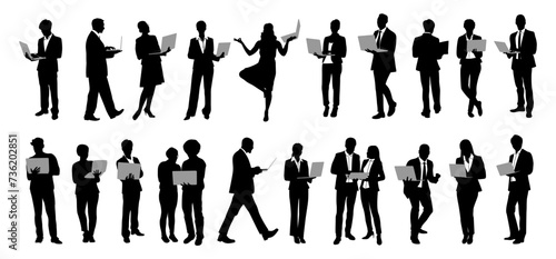 Silhouettes of Business people working at laptop. Different men and women standing, walking, using computer. Vector on transparent background.