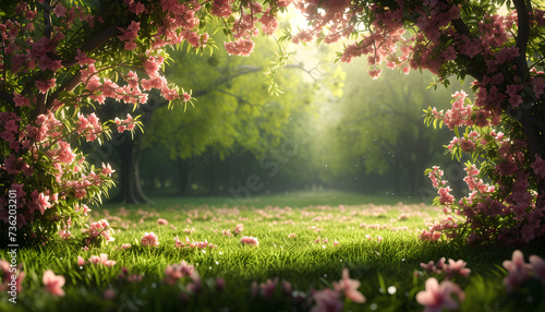 A beautiful enchanted landscape with a magical meadow and blooming spring trees, set in a fantasy garden background. photo