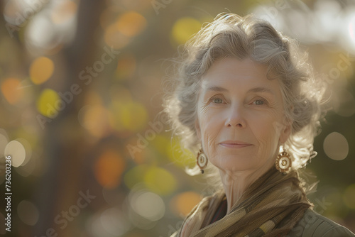 Сlose up outdoor portrait of beautiful 55 - 60 year old woman. Senior older female portrait