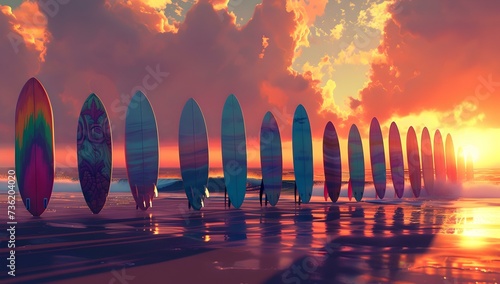 Colorful surfboards lined up on a serene beach at sunset. evoking summer vibes and a laid-back lifestyle. vibrant outdoor scene. AI