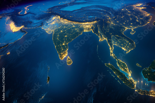 Blue World Map on Background with Earth, Globe, and Ocean Elements, Featuring Continents, Seas, and Space in 3D Illustration at Night