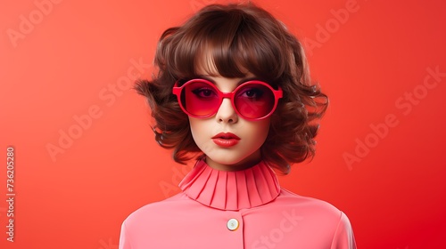 Portrait of a beautiful young woman with short hairstyle and sunglasses on red background