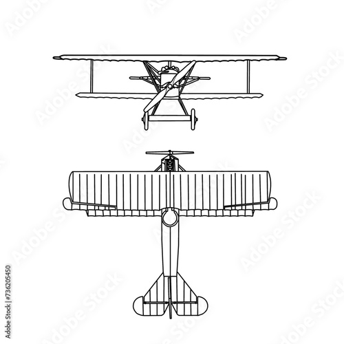 Technical sketch drawing Illustration of 1900's vintage aircraft line art, biplane silhouette with white detail lines, outline vector doodle illustration, front and top view isolated on white