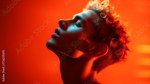 Portrait of a young man with his eyes closed, behind him the color of neon lights.