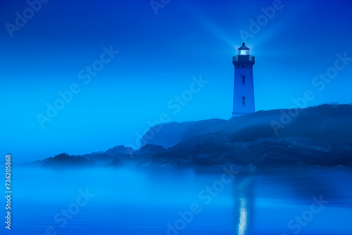 Hope. A beacon of hope shines forth from a lighthouse, casting a guiding light over a blue tranquil seascape, symbolizing guidance, safety, and spiritual illumination.